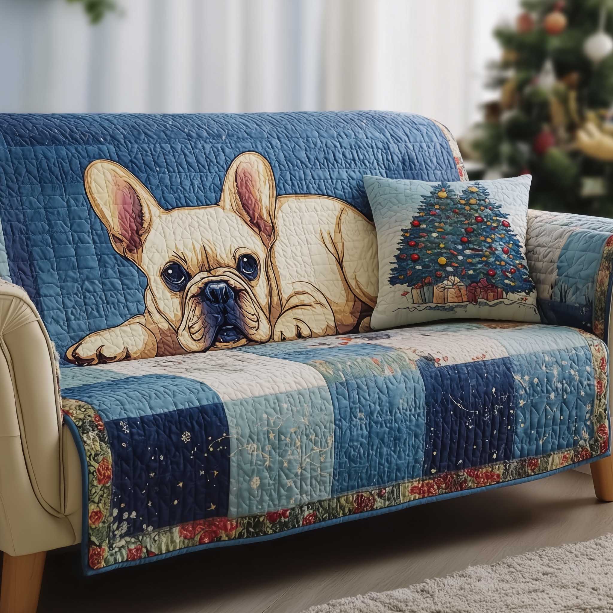 French Bulldog Quilted Sofa Cover Happy Puppy Face French Bulldog Gifts For Owners