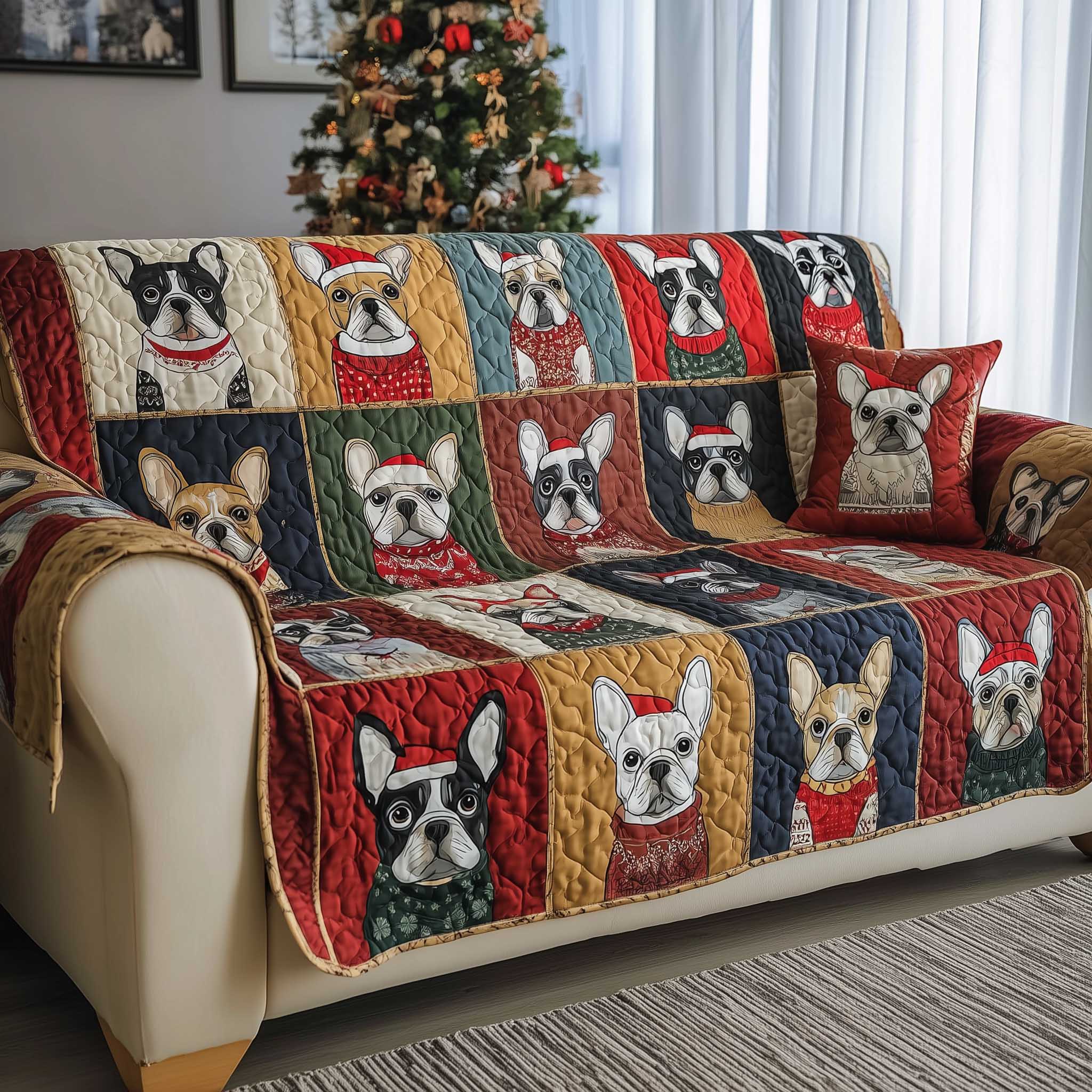 French Bulldog Quilted Sofa Cover Playful Cute Puppy Motif French Bulldog Gifts For Owners