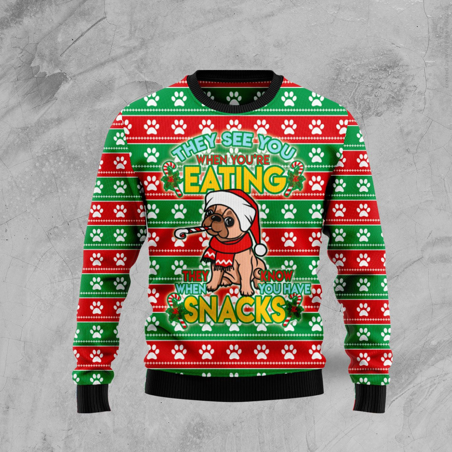 French Bulldog See You Eating Snacks Ugly Christmas Sweater Winter Apparel Dog Sweater
