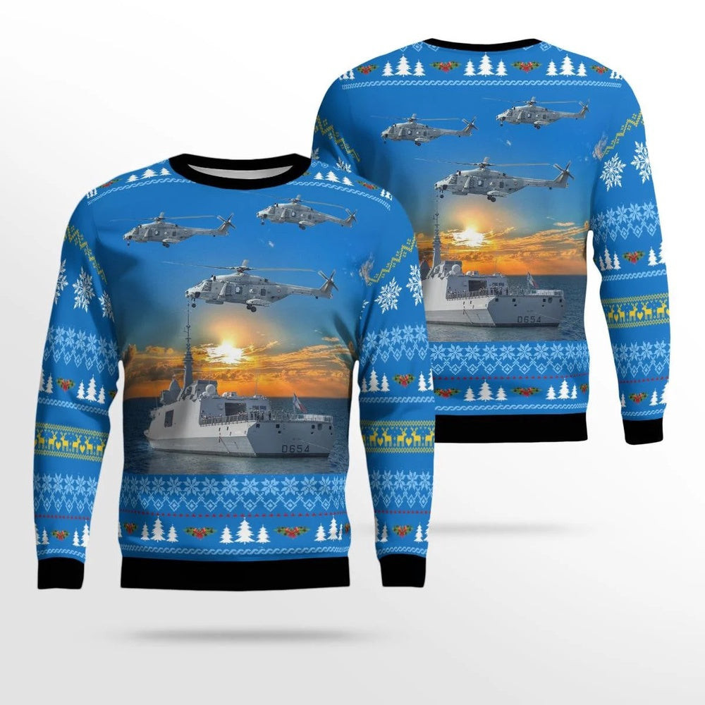 French Navy ship Auvergne And NH90 helicopter Christmas AOP Ugly Sweater Xmas Unisex Sweater Christmas Gifts For Men Women