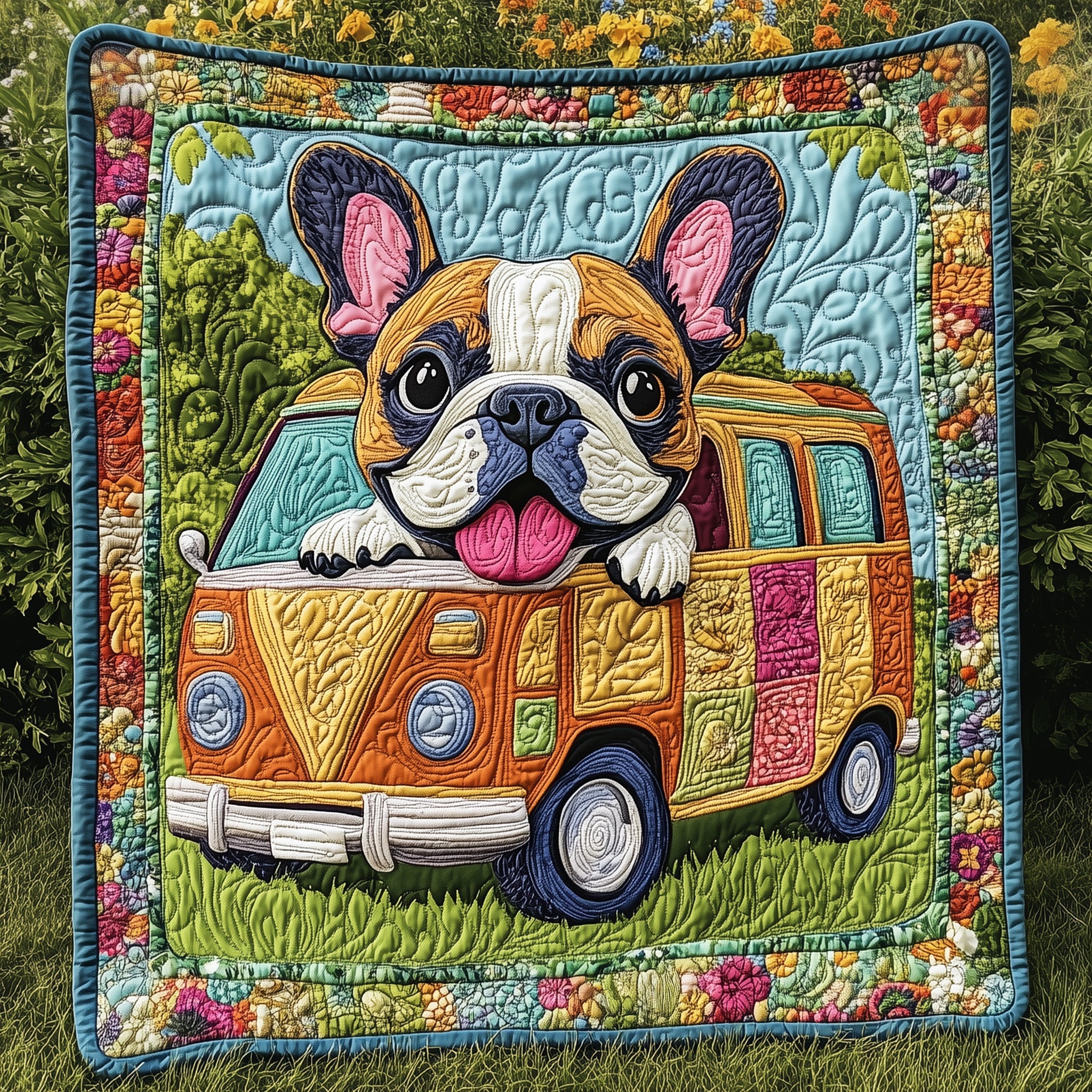 Frenchie Adventure Quilted Blanket Merchandise Throw BlanketDog Related Gifts  Xmas Holiday