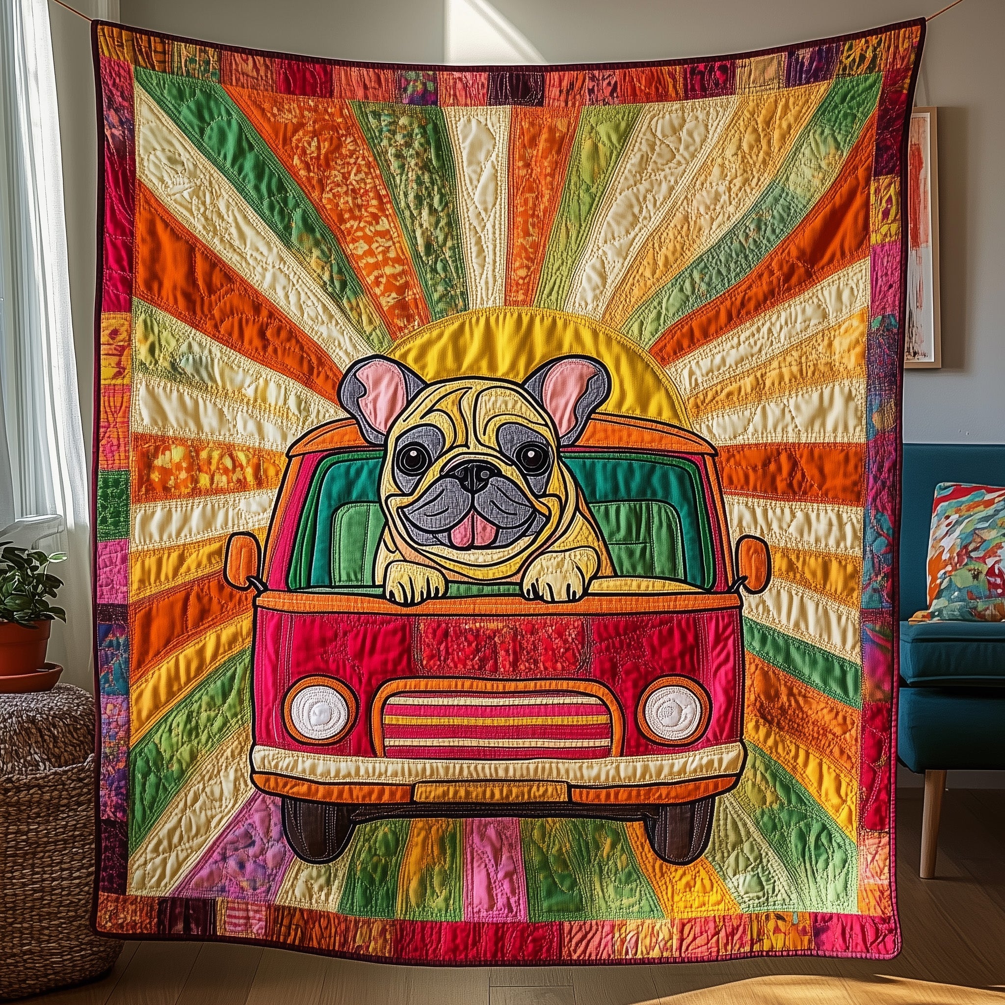 Frenchie Adventure Quilted Blanket Merchandise Throw BlanketFunny Gift For Dog Owner Xmas