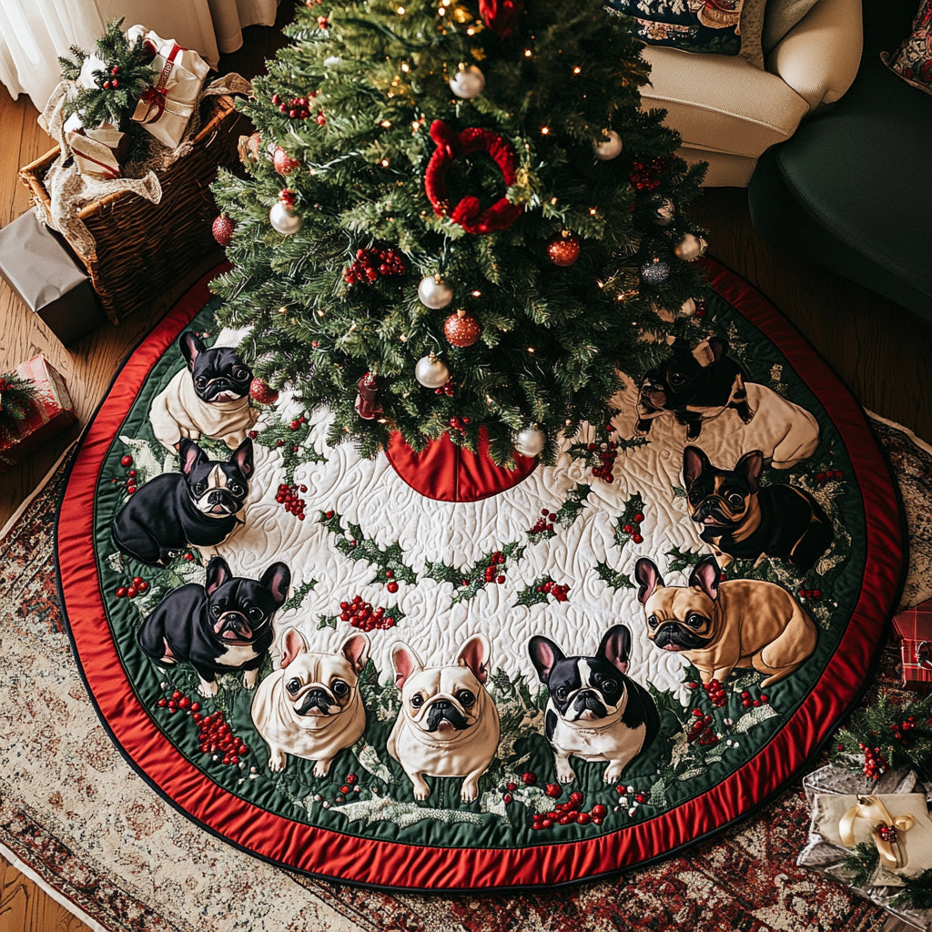Frenchie Christmas Joy Quilted Christmas Tree Skirt Warm and Soft Christmas Tree Skirt for Winter