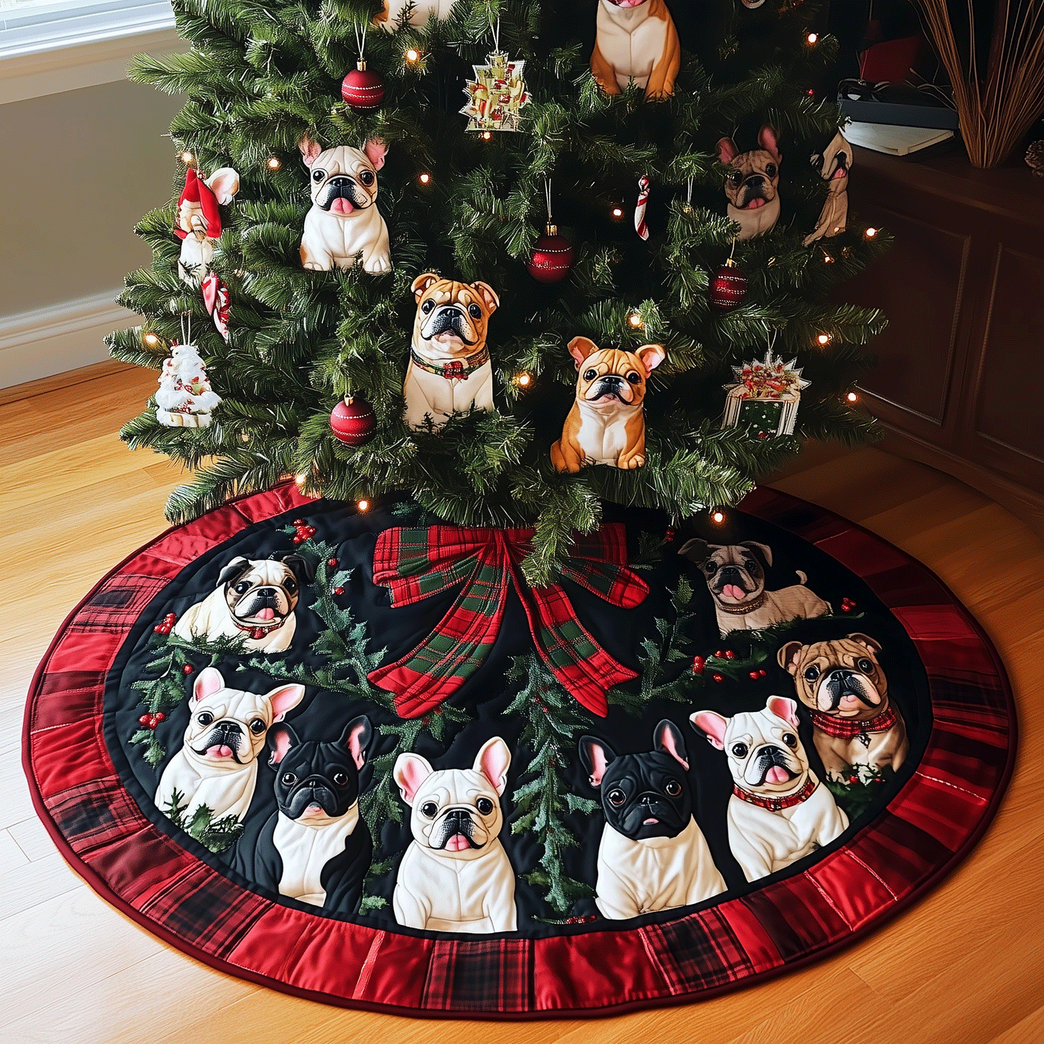 Frenchie Christmas Quilted Christmas Tree Skirt Christmas Holiday Decor Home