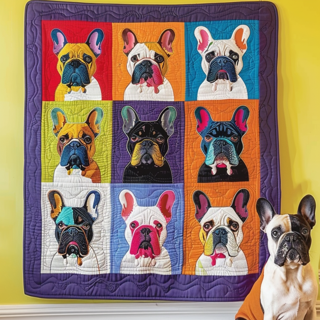 Frenchie Faces Colorful Quilted Blanket Frenchie Lovers Gifts