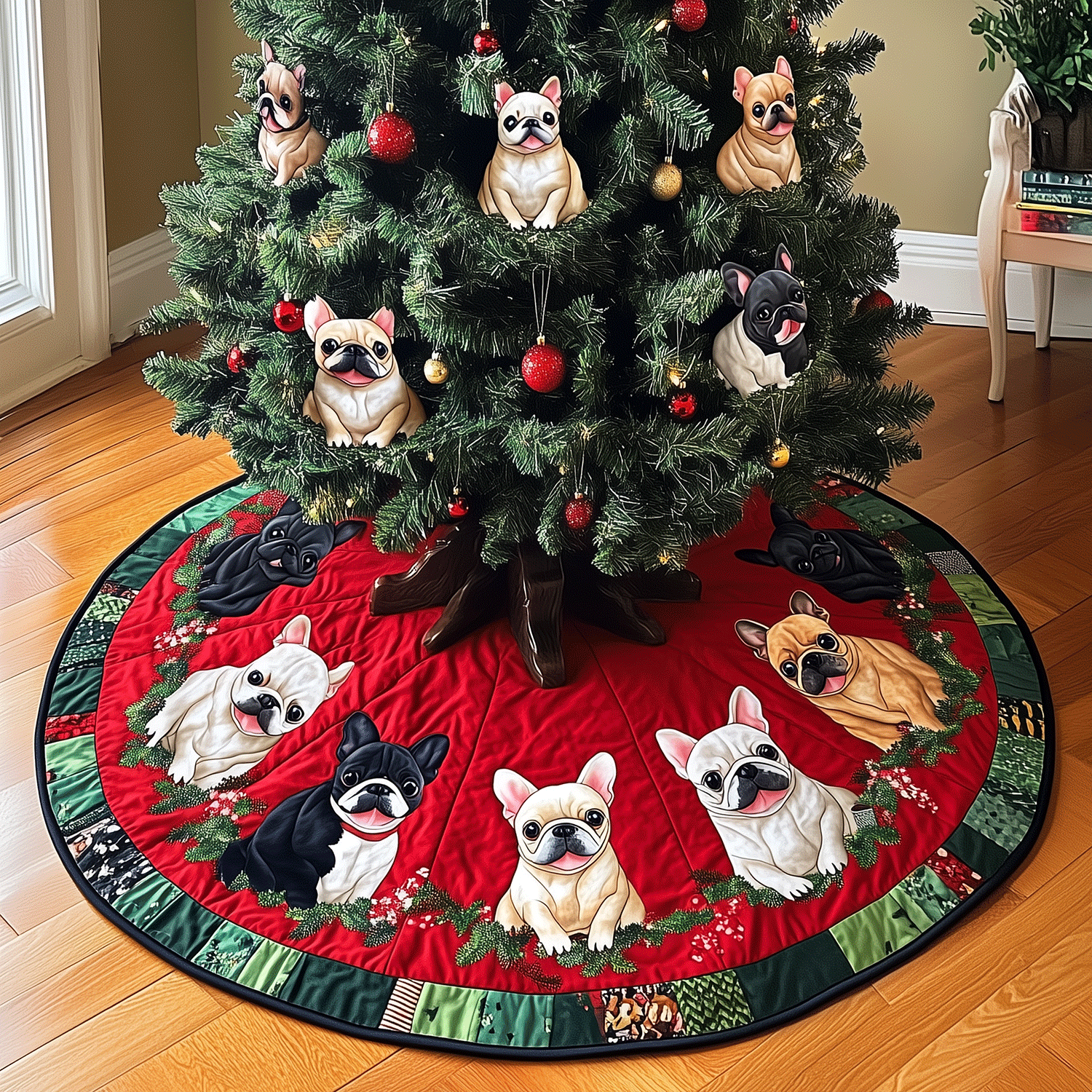 Frenchie Festive Fun Quilted Christmas Tree Skirt Seasonal Gift Merch for Festive Homes
