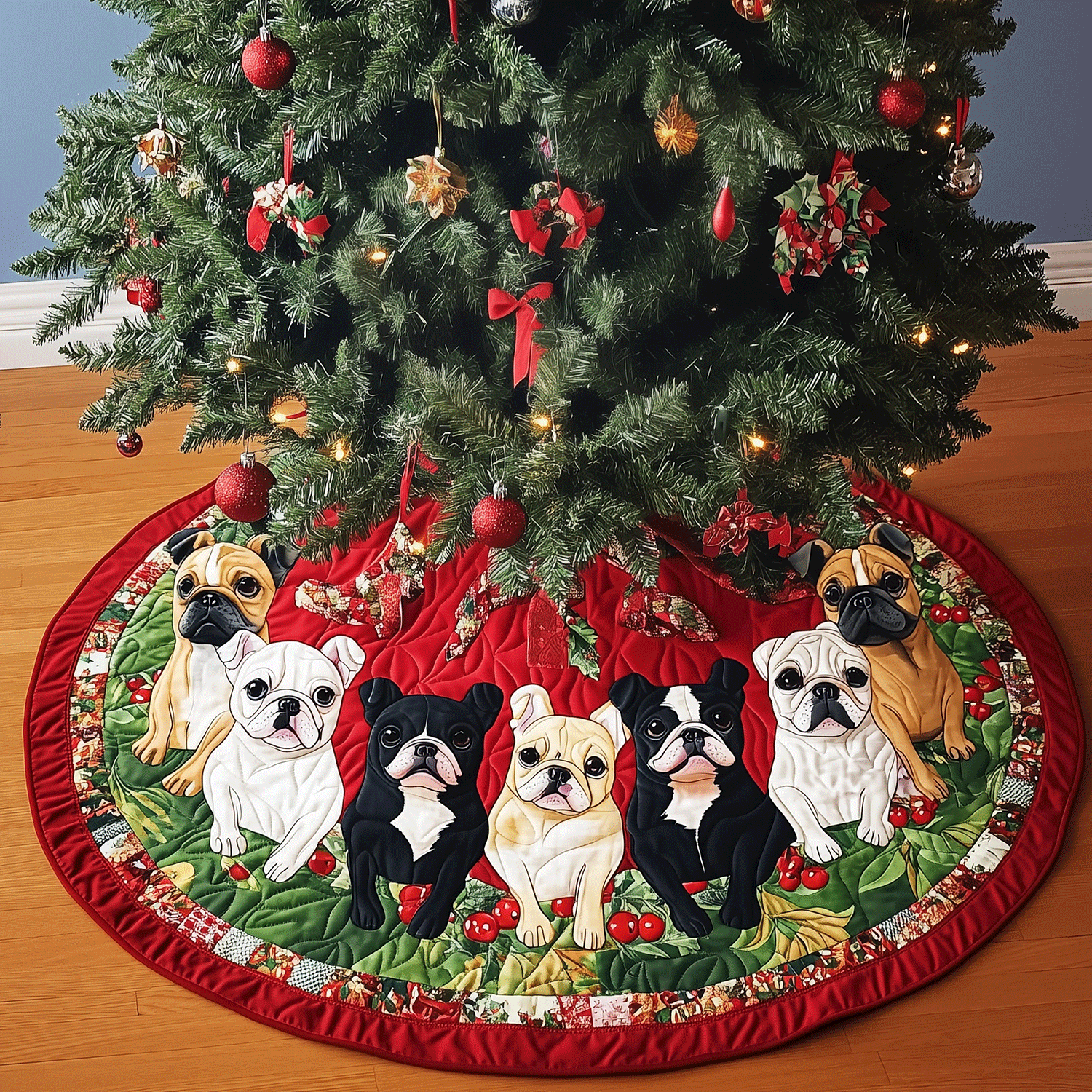 Frenchie Holiday Spirit Quilted Christmas Tree Skirt Must Have Holiday Merch for Christmas Decor