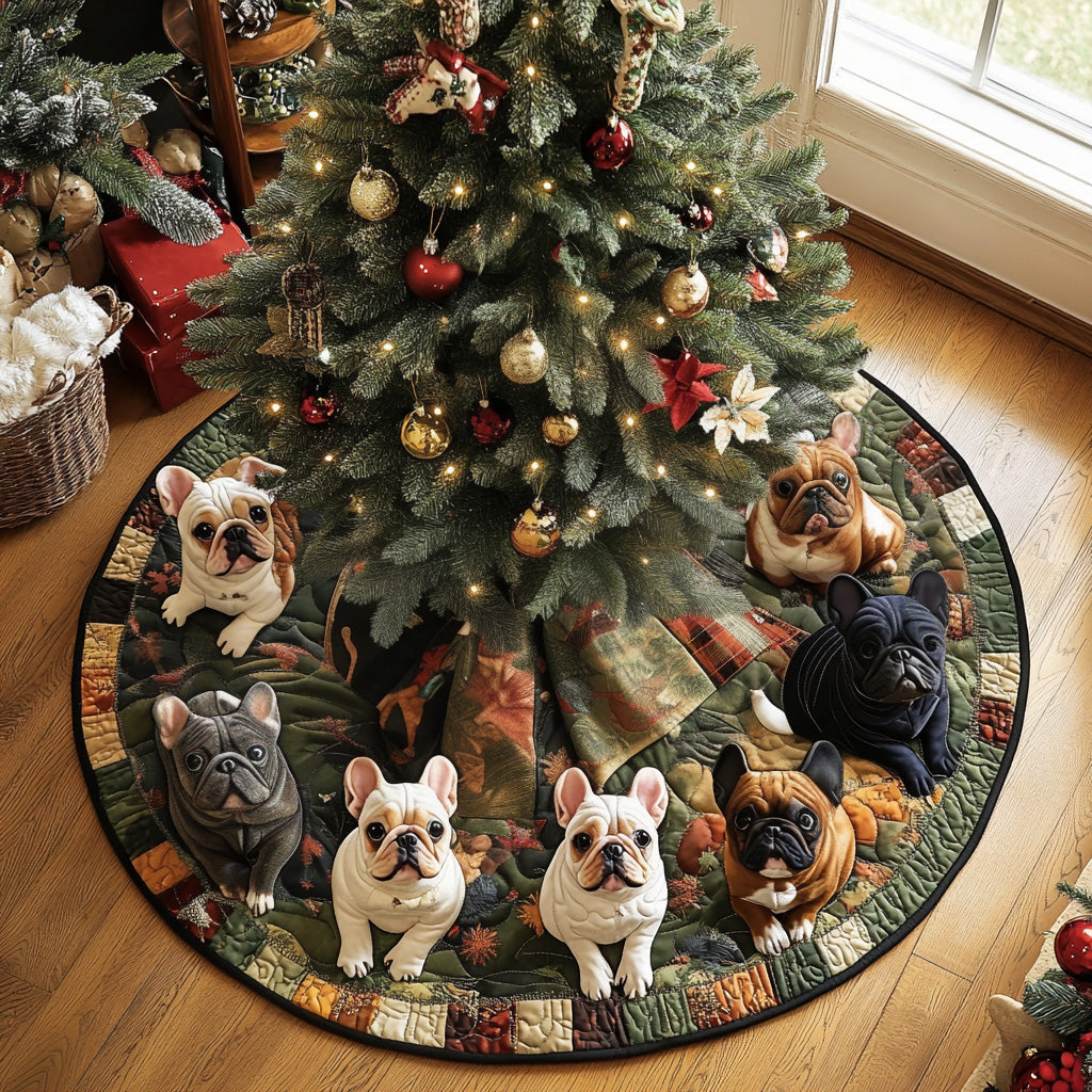 Frenchie Holiday Spirit Quilted Christmas Tree Skirt Xmas Tree Bottom Cover Bulldog Owner Gifts