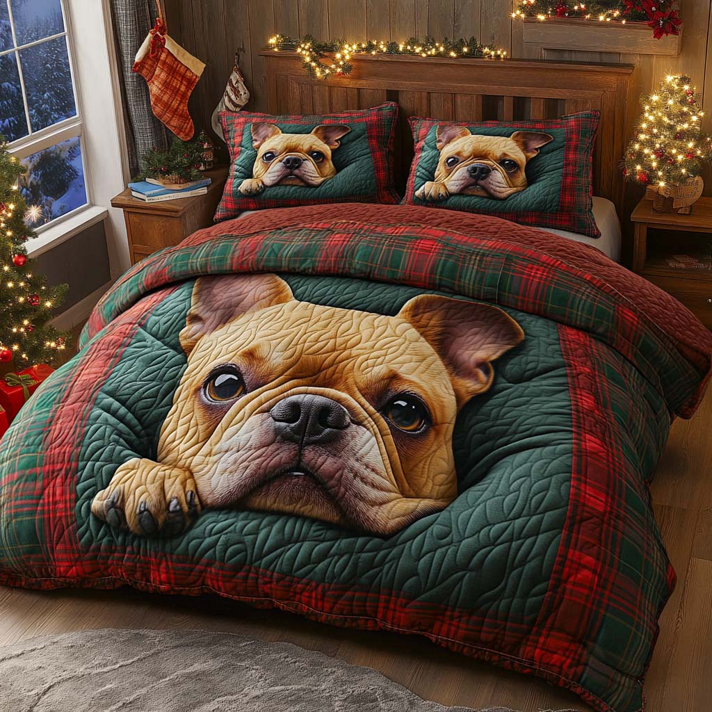 Frenchie Joy Quilted Bedding Set Holiday Season Duvet Cover Set Gifts With French Bulldogs On Them