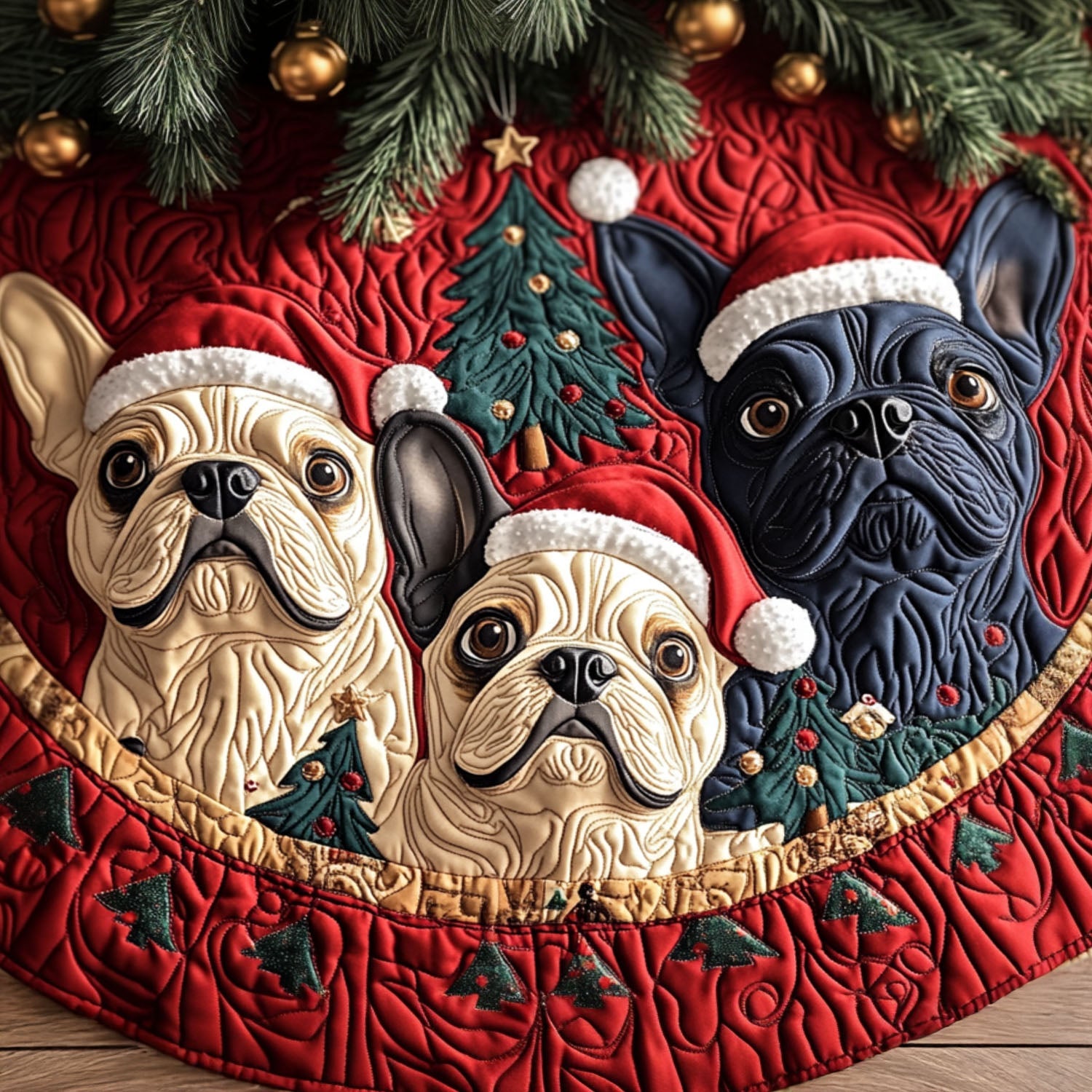 Frenchie Spirit Quilted Christmas Tree Skirt Festive Tree Base Cover