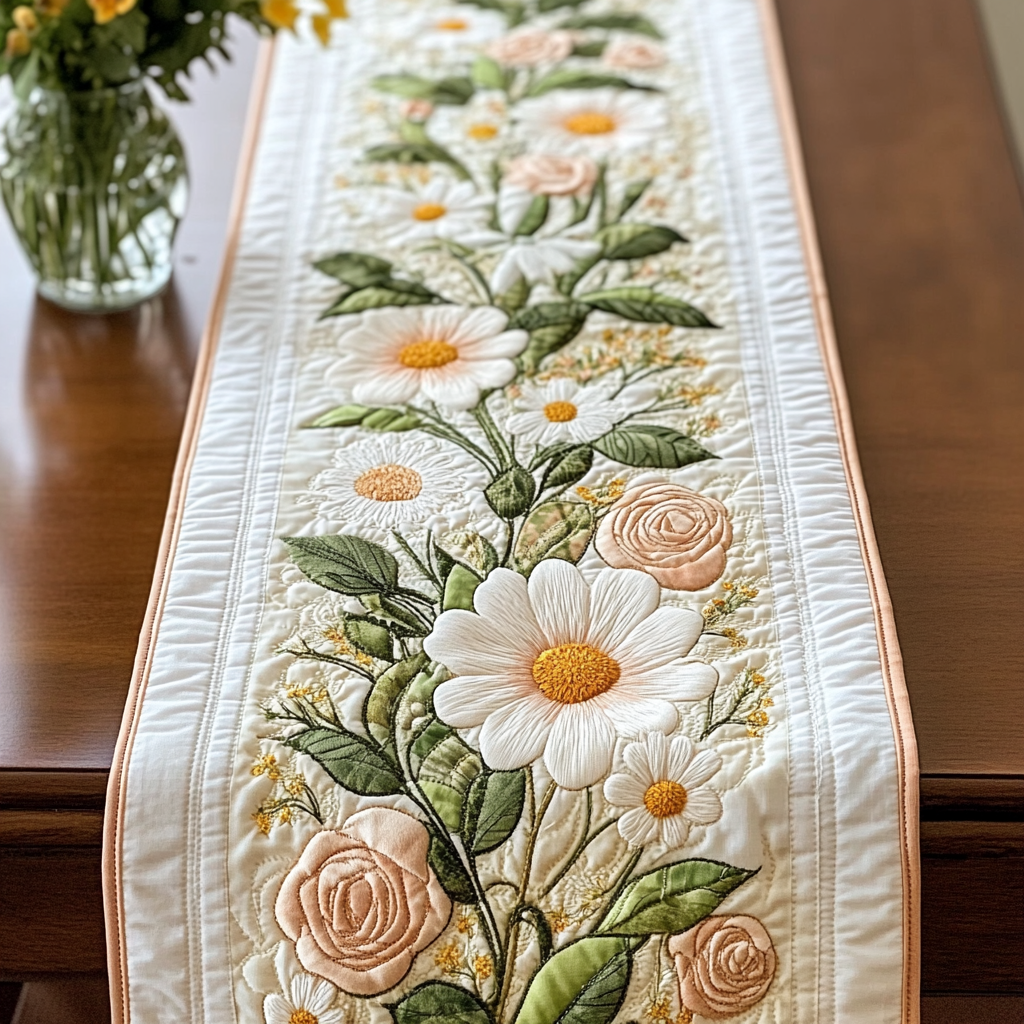 Fresh Blossoms Quilted Table Runner Flower Table Cover Unique Daisy Gifts