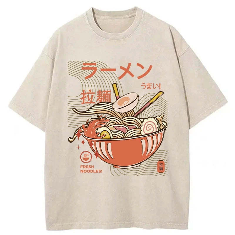 Fresh Ramen Noodles Washed T-Shirt Retro Humor Graphic Top Gifts For Friends