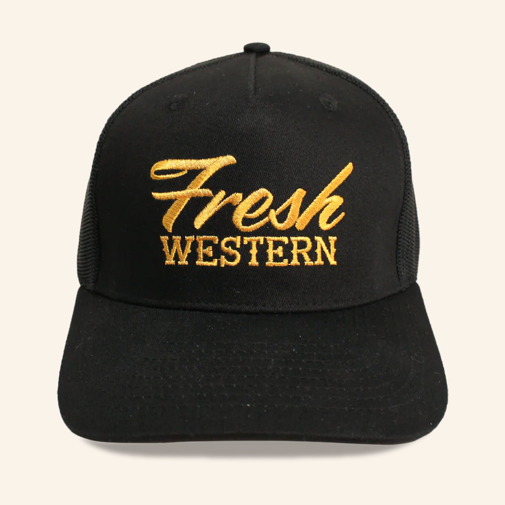 Fresh Western Hat Embroidered Black And Gold Trucker Hat Gifts For Him Fresh Western Hat Embroidered Black And Gold Trucker Hat Gifts For Him