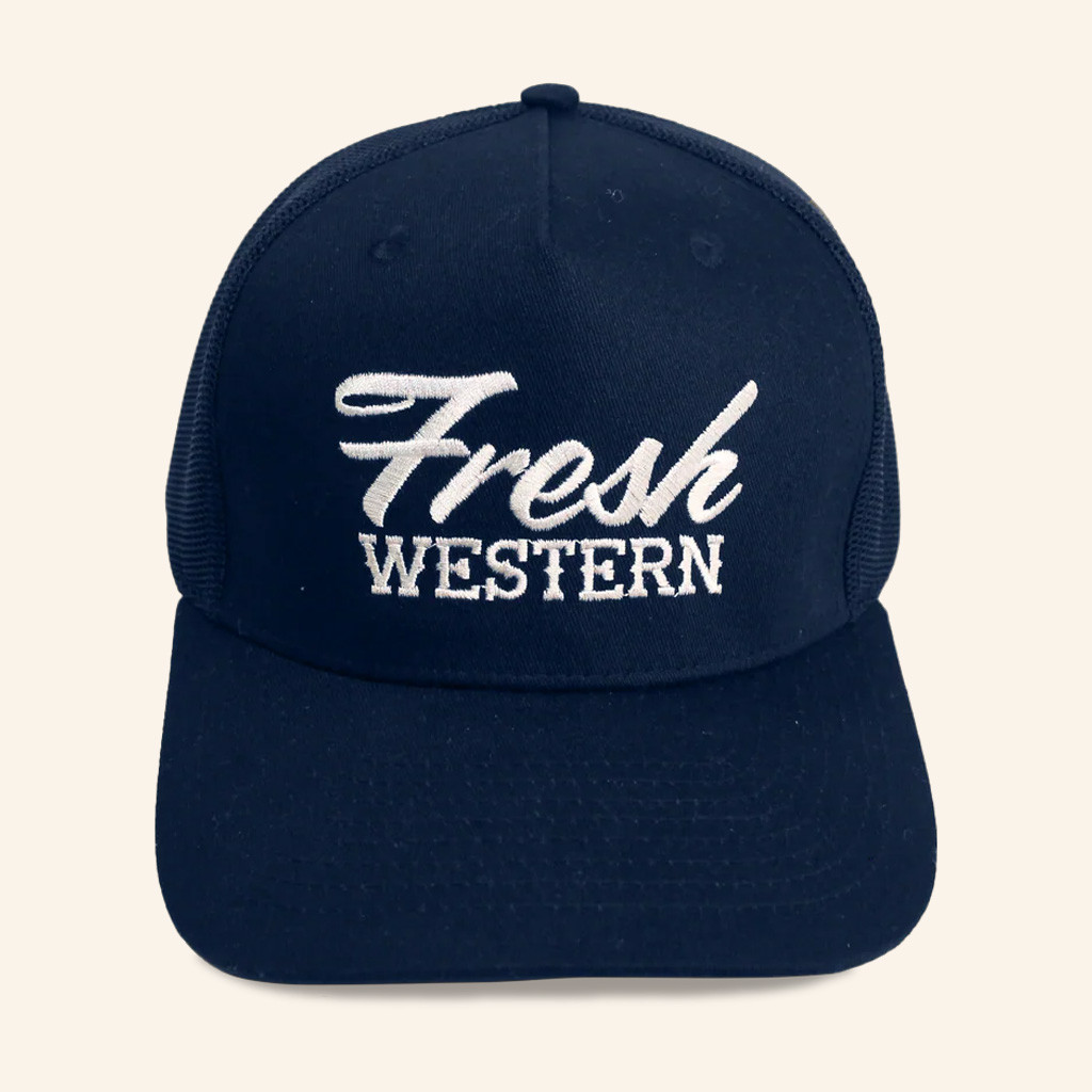 Fresh Western Hat Embroidered White And Navy Trucker Hat Gifts For Dad