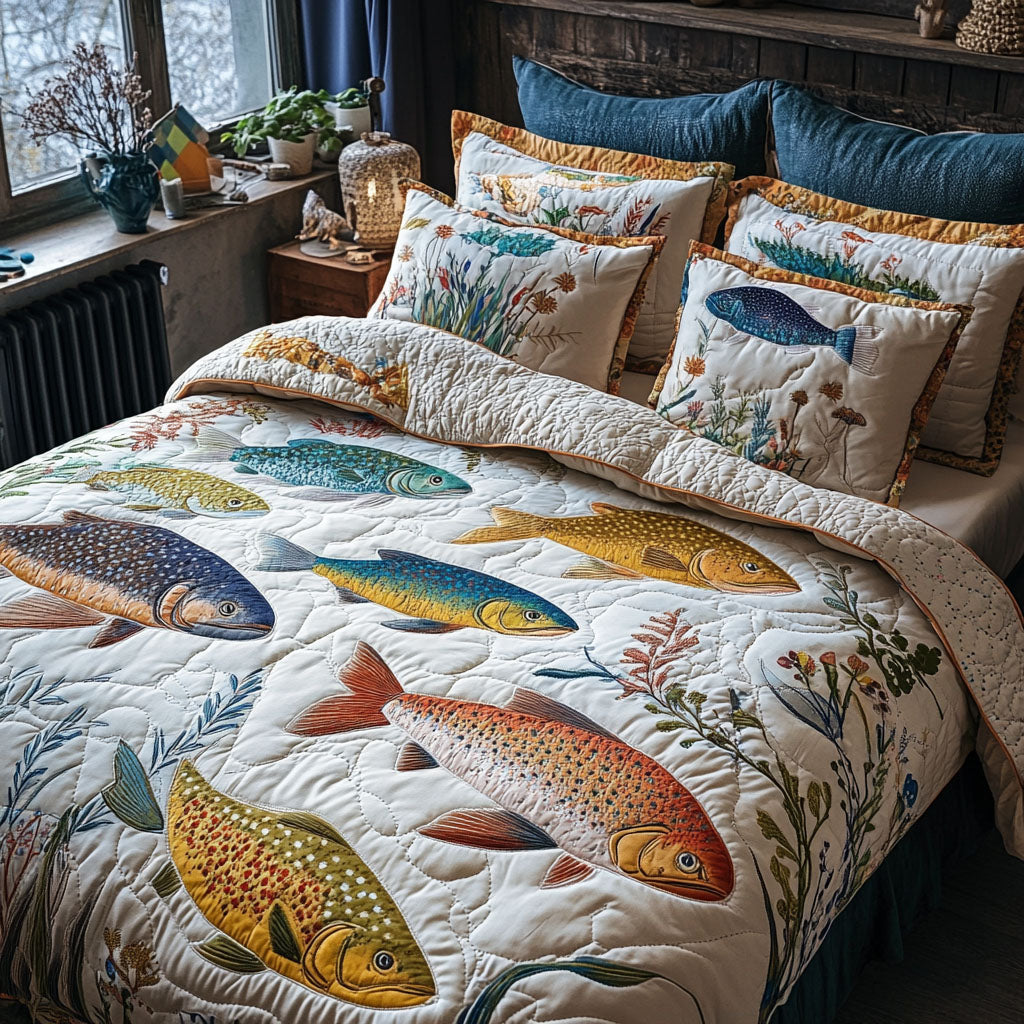 Freshwater Dreams Quilted Bedding Set Aesthetic Room Decor Best Fishing Gifts