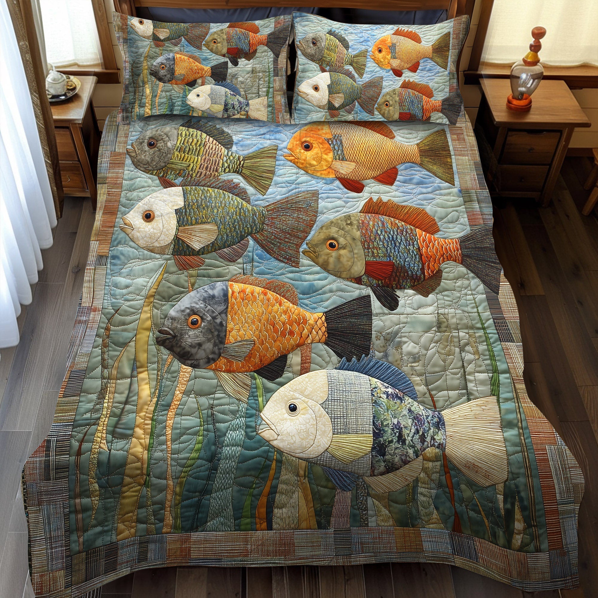 Freshwater Glow Quilted Bedding Set Best Comforter Sets Fishing Themed Gifts For Adults
