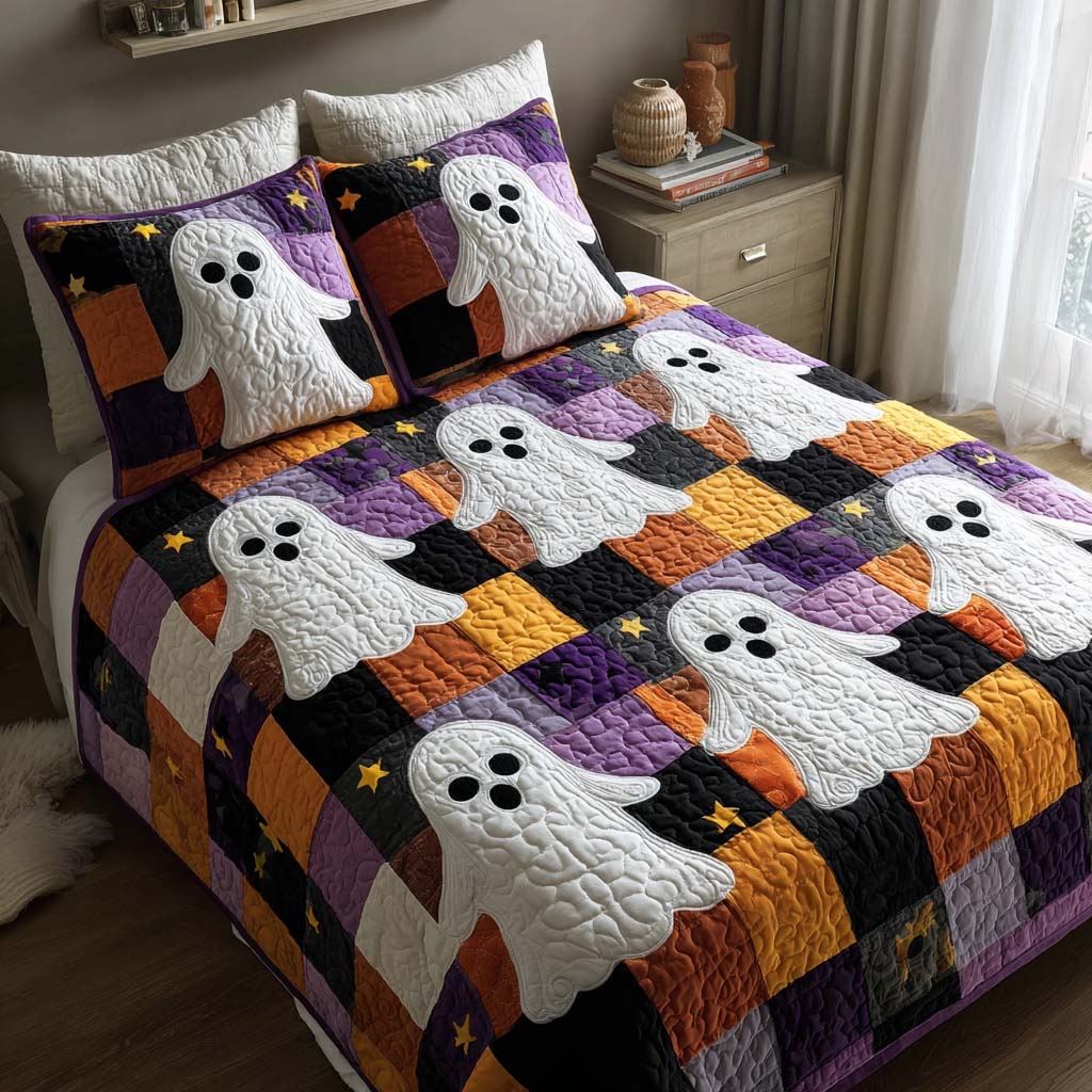 Friendly Ghosts Quilted Bedding Set Halloween Bed Spread Gift For Family