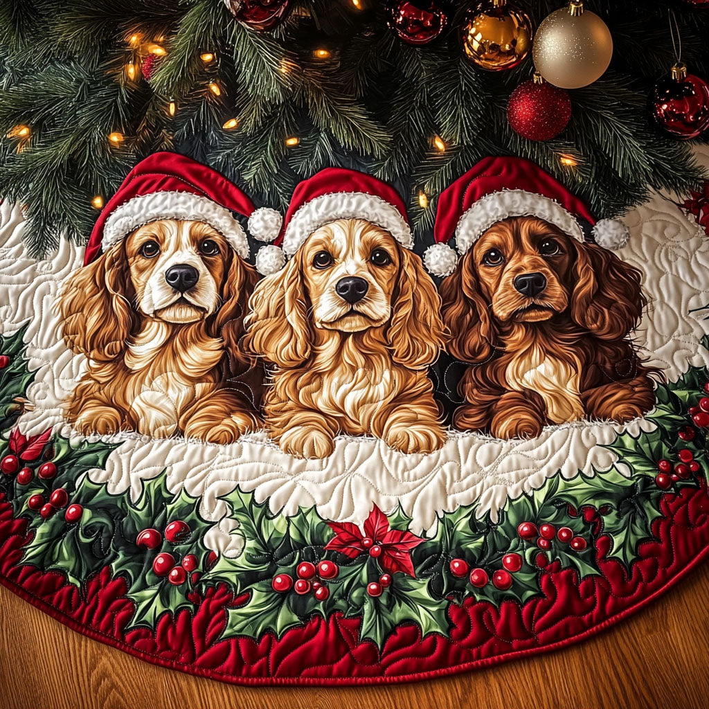 Friendly Spaniel Quilted Christmas Tree Skirt Festive Tree Base Cover
