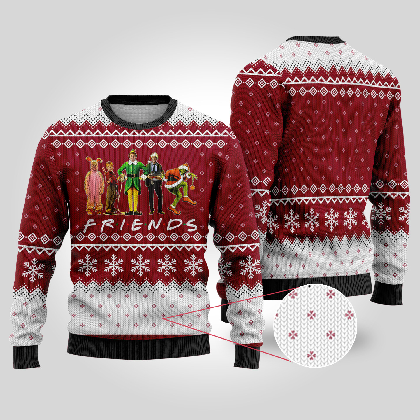Friends Elf Christmas Movie Characters Ugly Christmas Sweater Cardinal Red Trendy Christmas Sweater for Winter Outfits