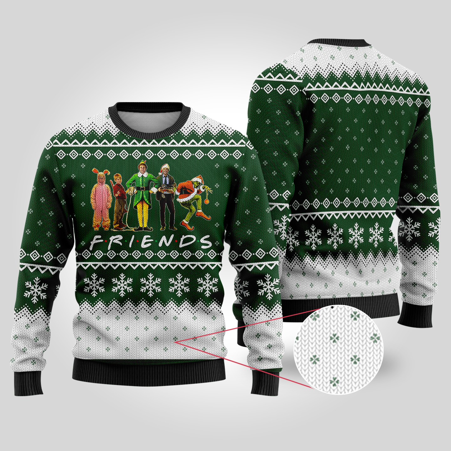 Friends Elf Christmas Movie Characters Ugly Christmas Sweater Forest Green Merry Christmas Sweatshirt for Holiday Fun