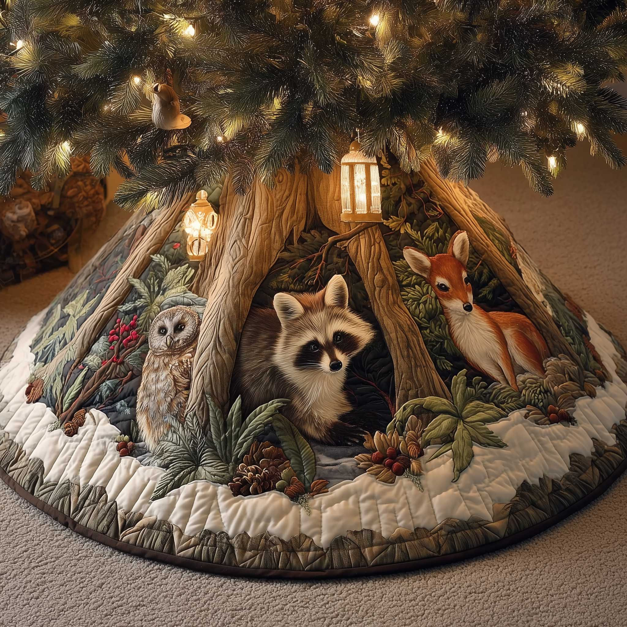 Friends Woodland Den Quilted Tree Skirt Animal Pattern Indoor Christmas Decorations