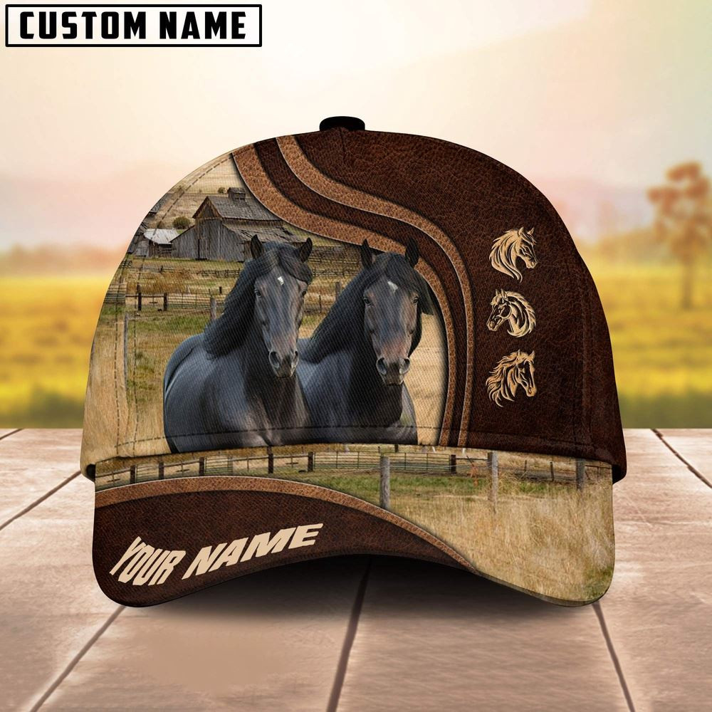 Friesian Horses Dark Brown Pattern Customized Name Cap Farmer Baseball Cap Gift For Farmer