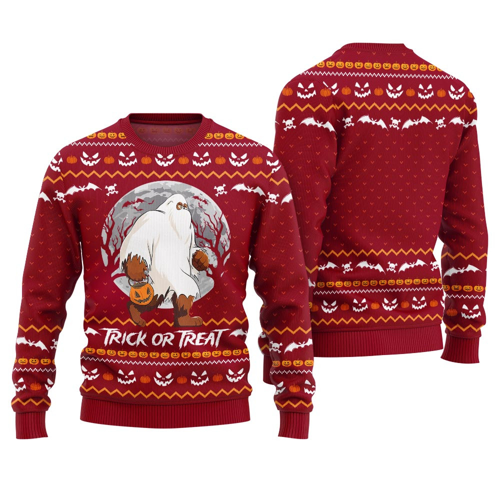 Frightening Yeti Trick Or Treat Cute Halloween Sweaters Red Merry Christmas Sweatshirt for Holiday Fun