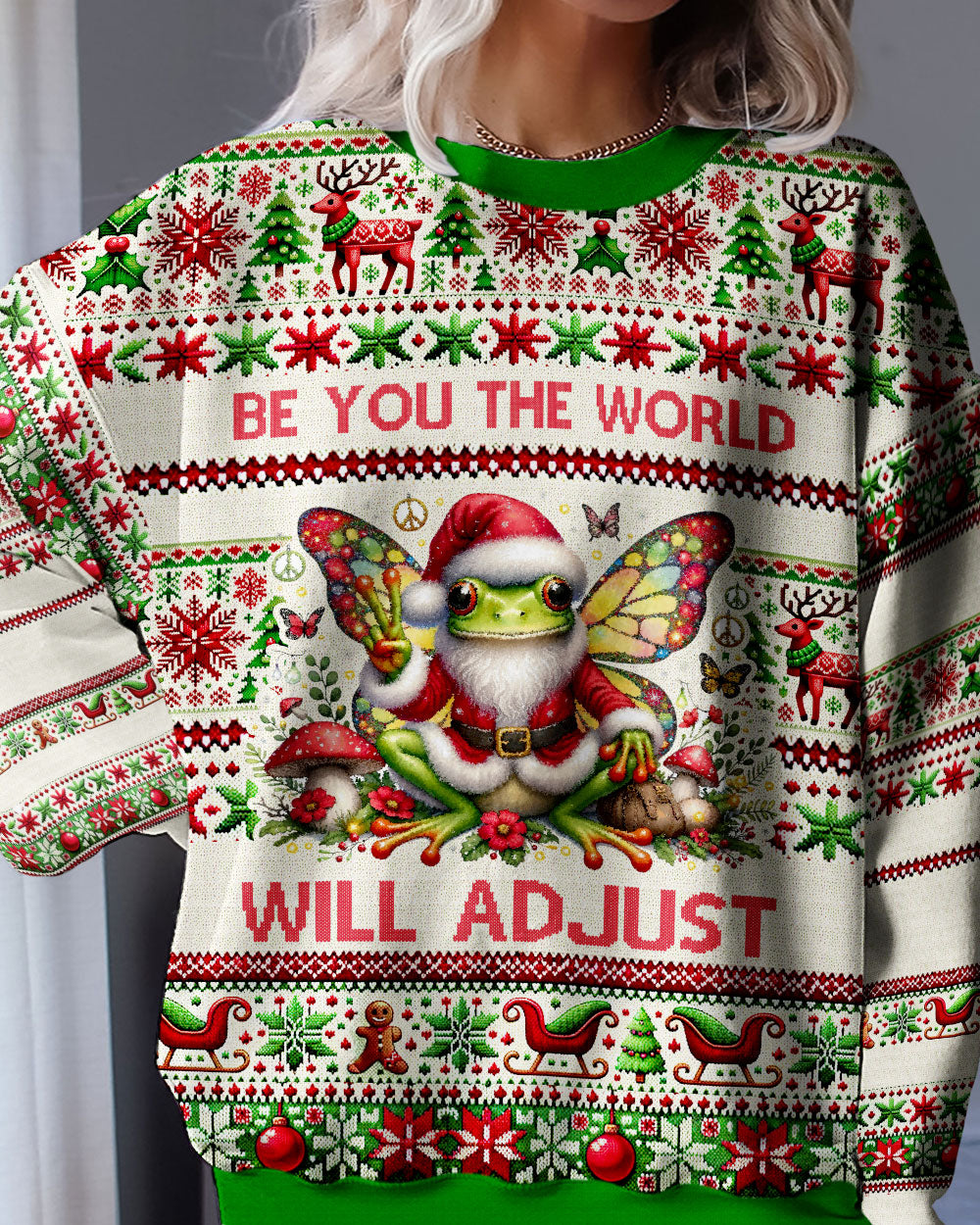 Frog And Butterfly Ugly Christmas Sweater Be You The World Will Adjust Jumper Xmas Gifts
