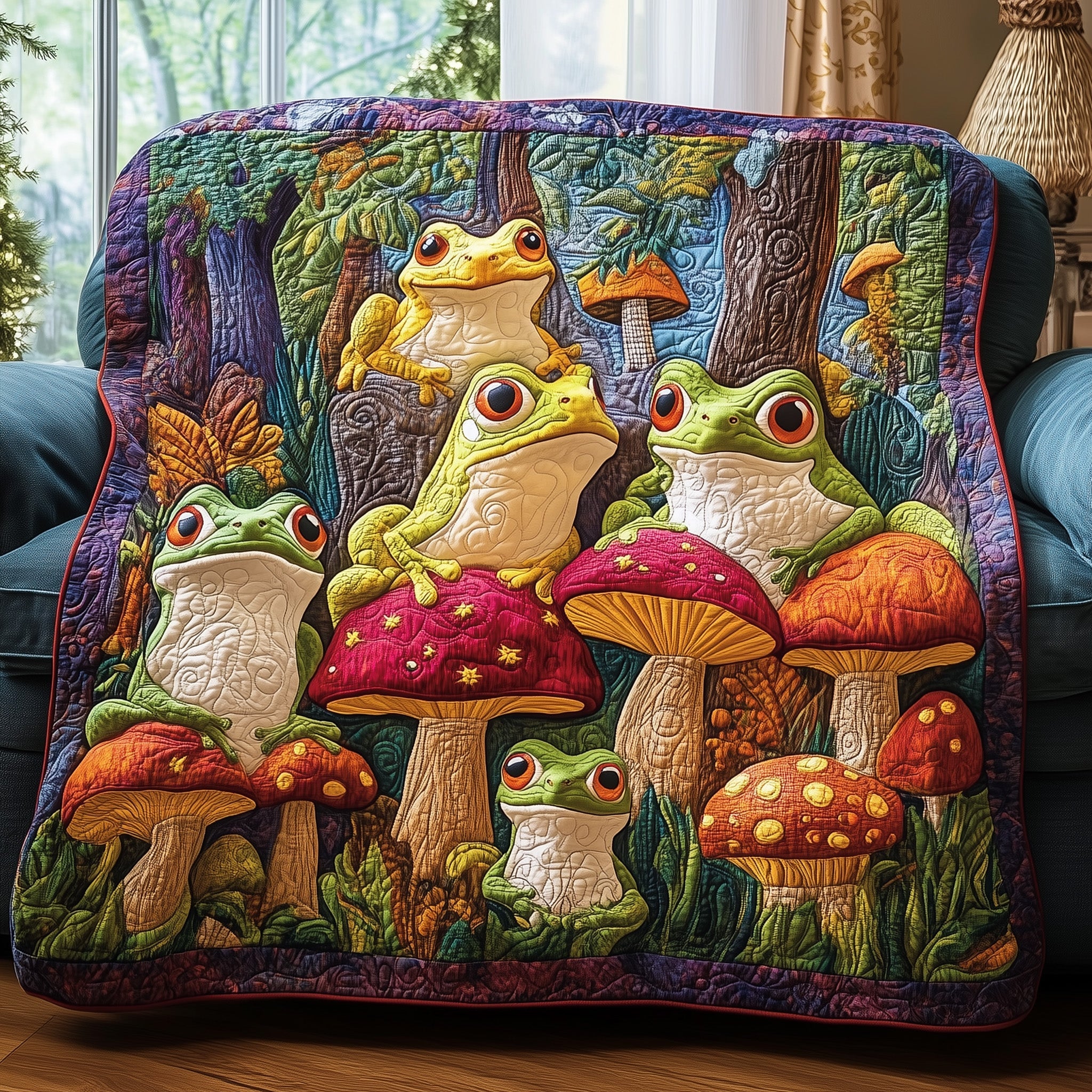 Frog And Fungi Magic Quilted Blanket Couch Throw BlanketCute Frog Themed Gifts