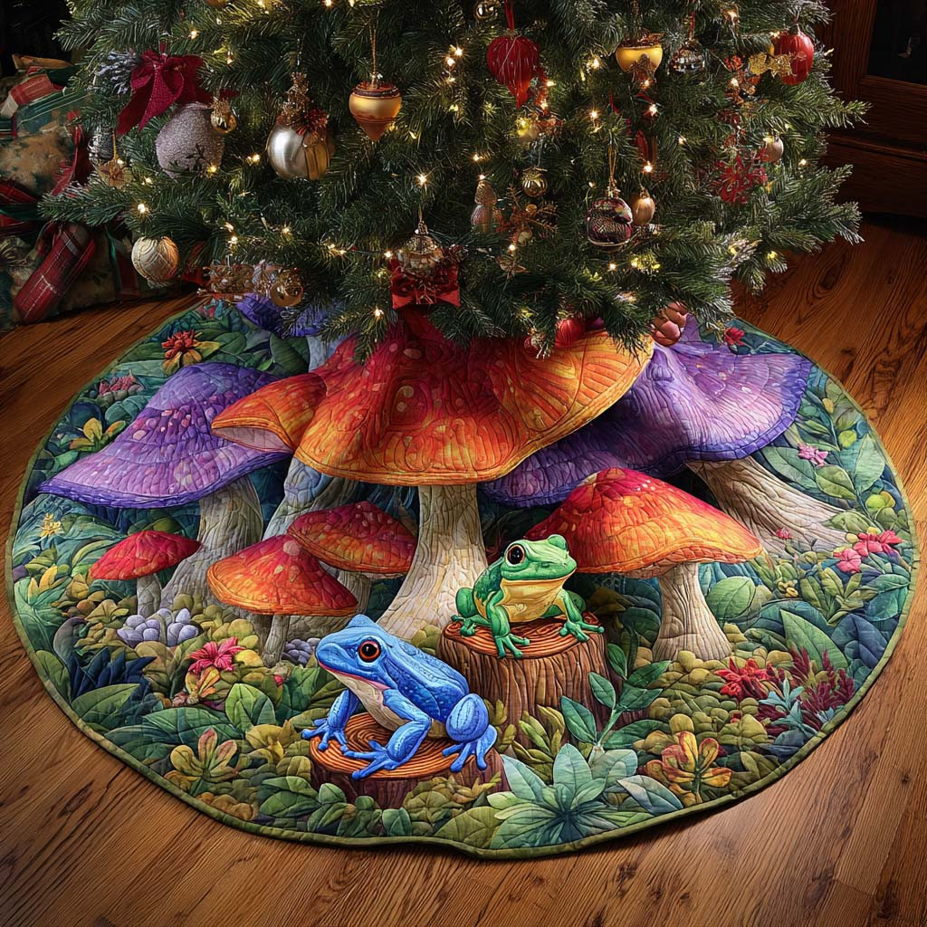 Frog Aurora Shroom Garden Quilted Tree Skirt Xmas Home Decor Christmas Gift Ideas