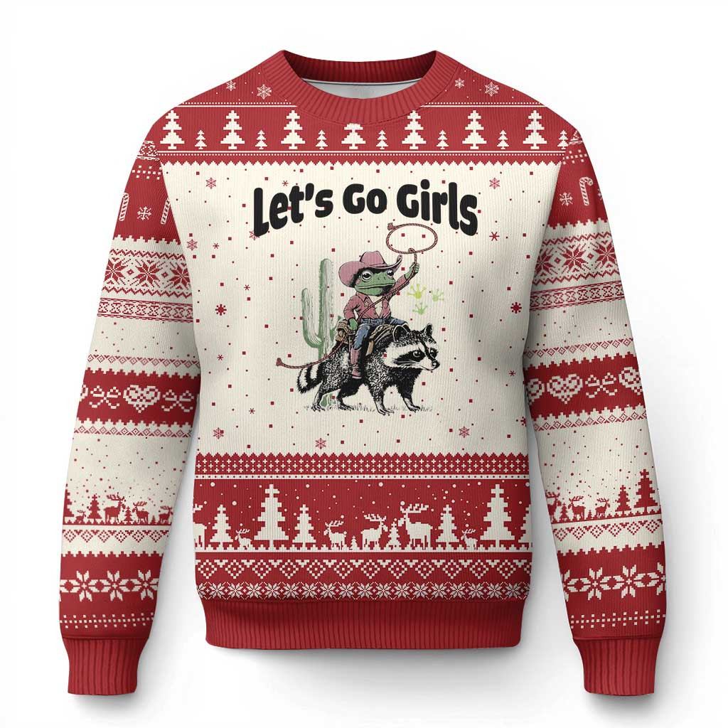 Frog Cowboy Riding Raccoon Let's Go Girls Ugly Christmas Sweater Crazy Xmas Sweaters Gift