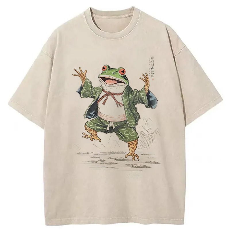 Frog Dancing Japanese Art Vintage Washed T-Shirt Retro Humor Graphic Top Gifts For Best Friend