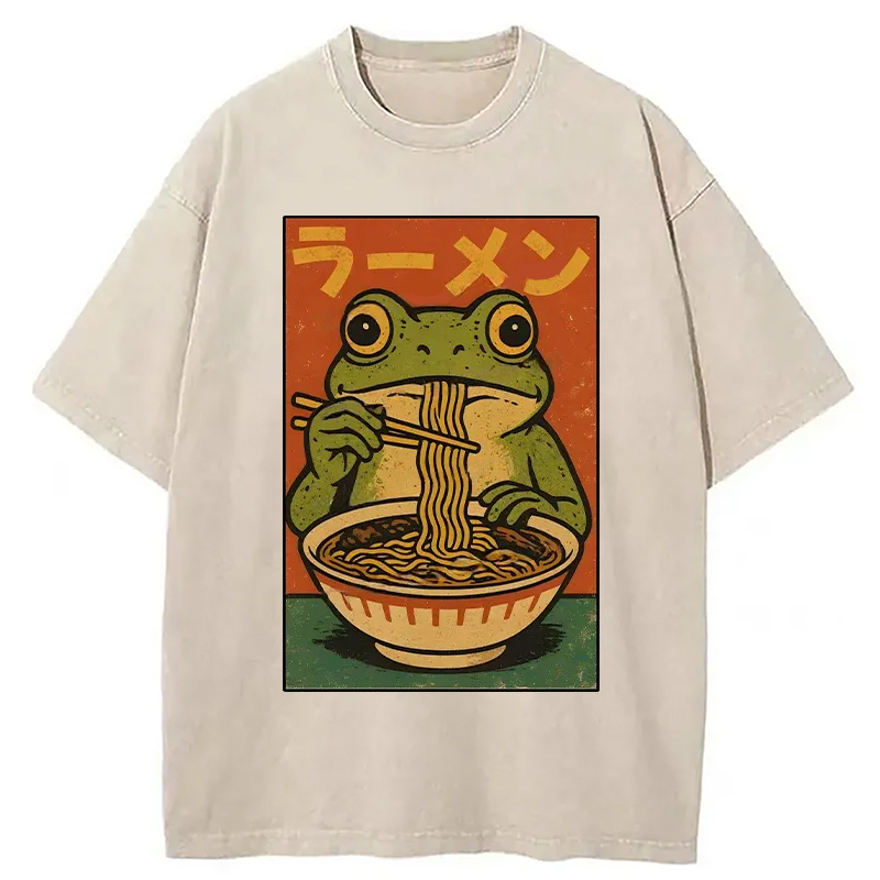 Frog Eating Ramen Retro Washed T-Shirt Cool Graphic Tee For Men Women Gifts For Best Friend
