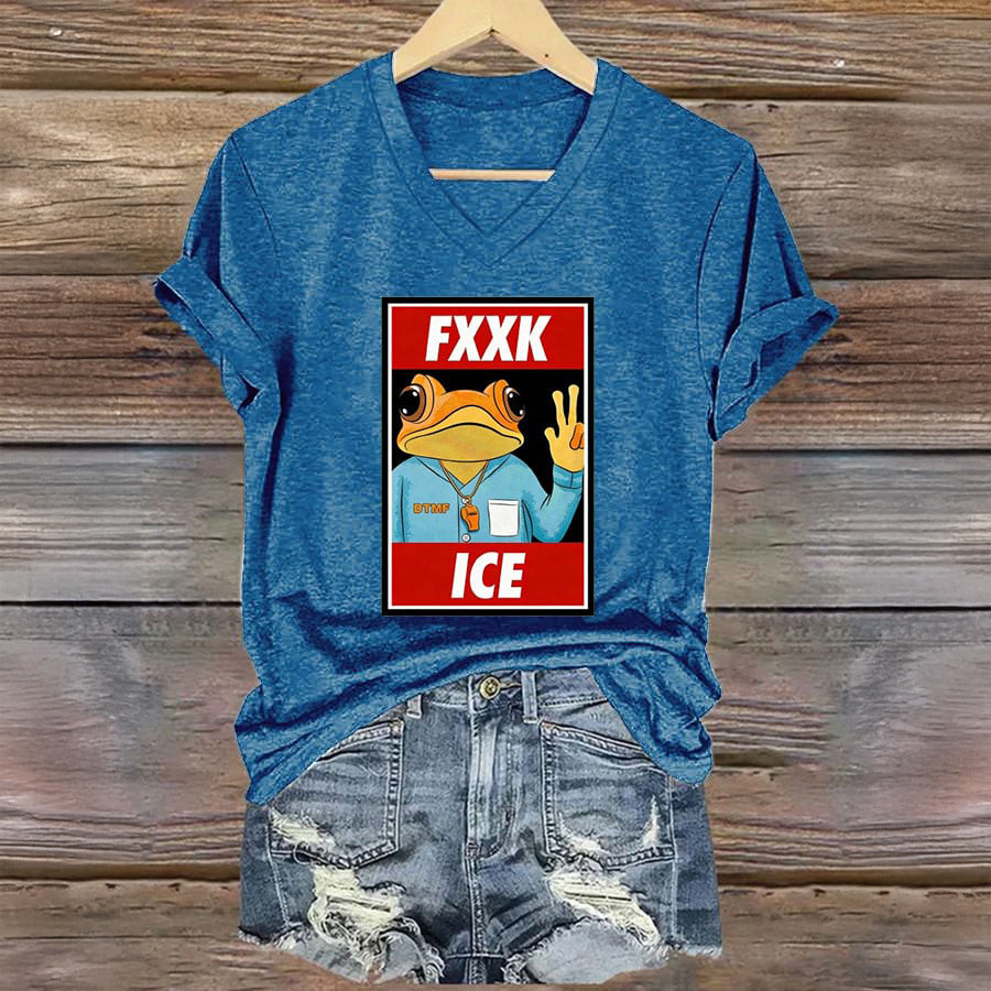 Frog F ICE FDT V-Neck Shirt Funny 45 47 Bad Bunny Merch Anti ICE Gift For Her