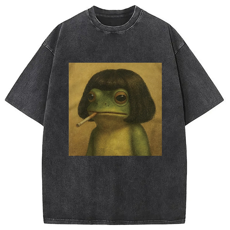 Frog Face With Bob Haircut Meme Washed T-Shirt Retro Humor Graphic Top Gifts For Friends