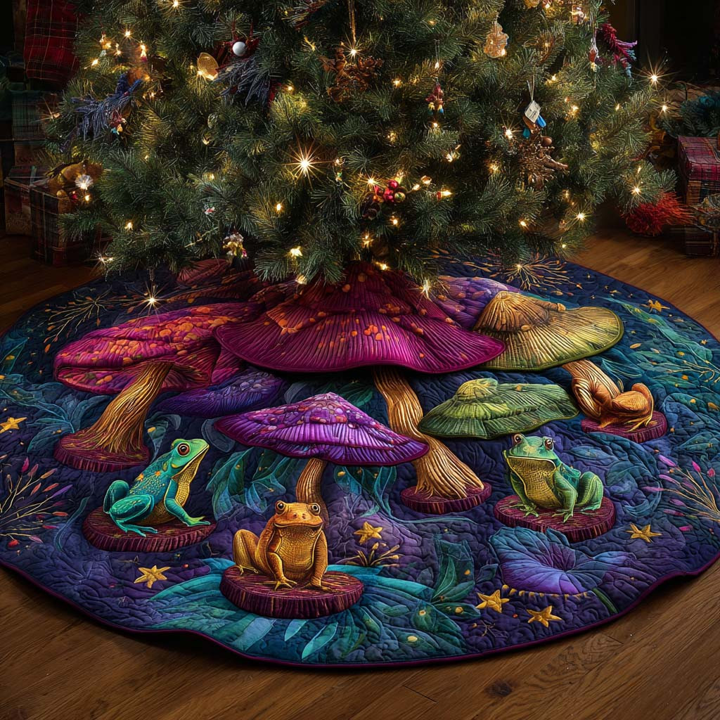 Frog Fantasy Mushroom Meadow Quilted Tree Skirt Christmas Decor Xmas Gifts For Frog Lovers