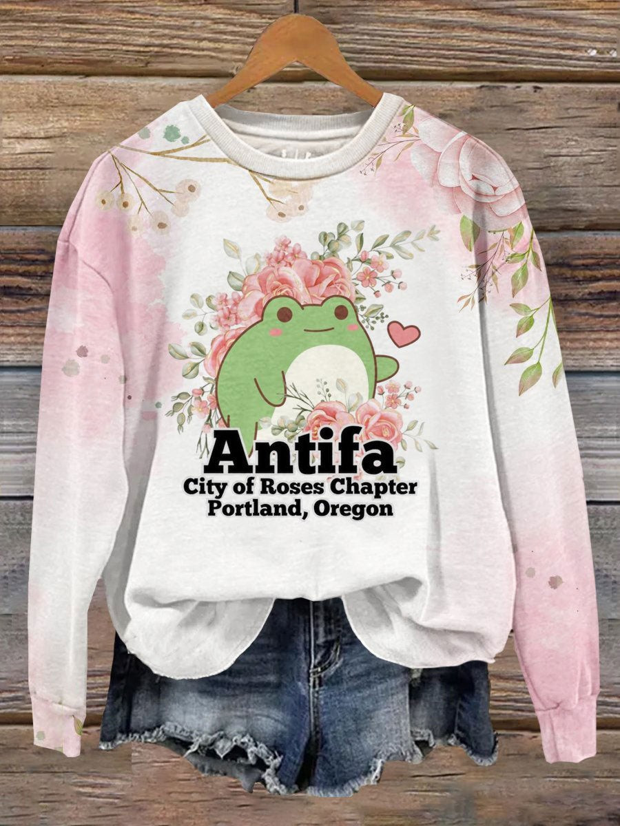 Frog Floral Antifa Sweatshirt City Of Roses Chapter Portland Oregon Cozy Gifts For Her