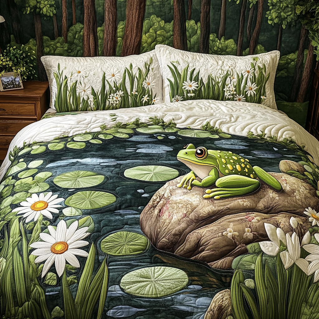 Frog Haven Quilted Bedding Set Cool Bedroom Decor Cute Frog Gifts For Her