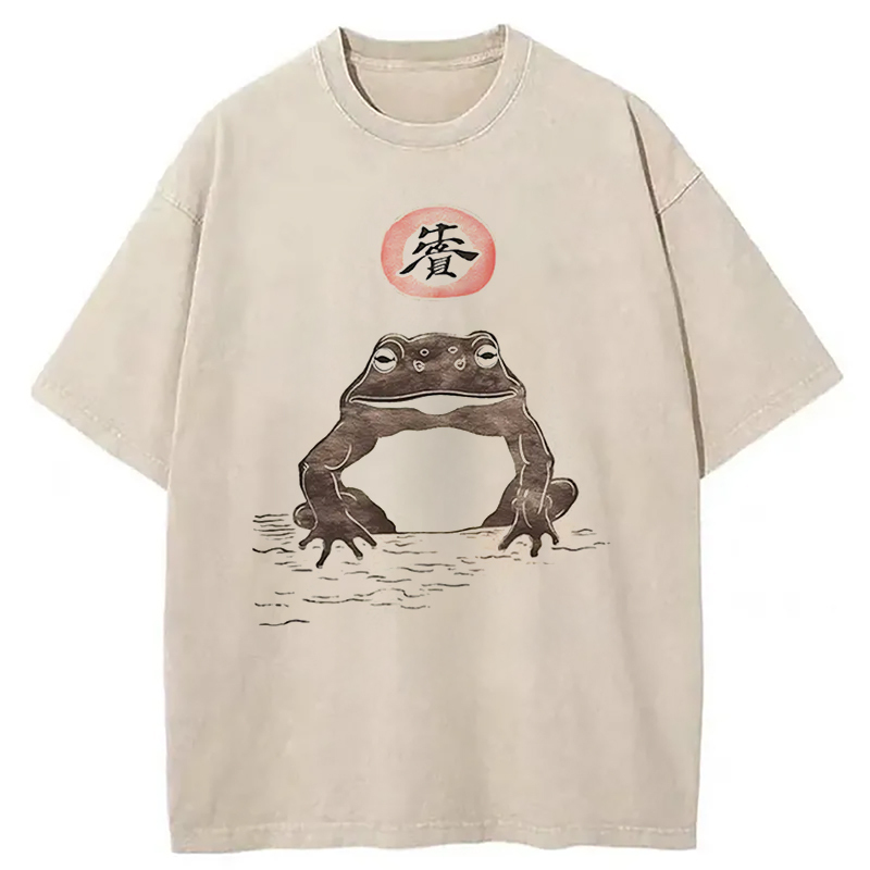 Frog Japanese Art Vintage Washed T-Shirt Unisex Streetwear Graphic Style Gifts For Besties