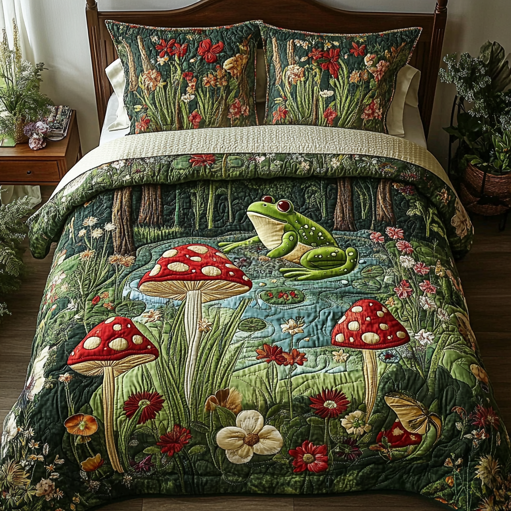 Frog Leap Quilted Bedding Set Cozy Bedroom Decor Frog Gifts For Men