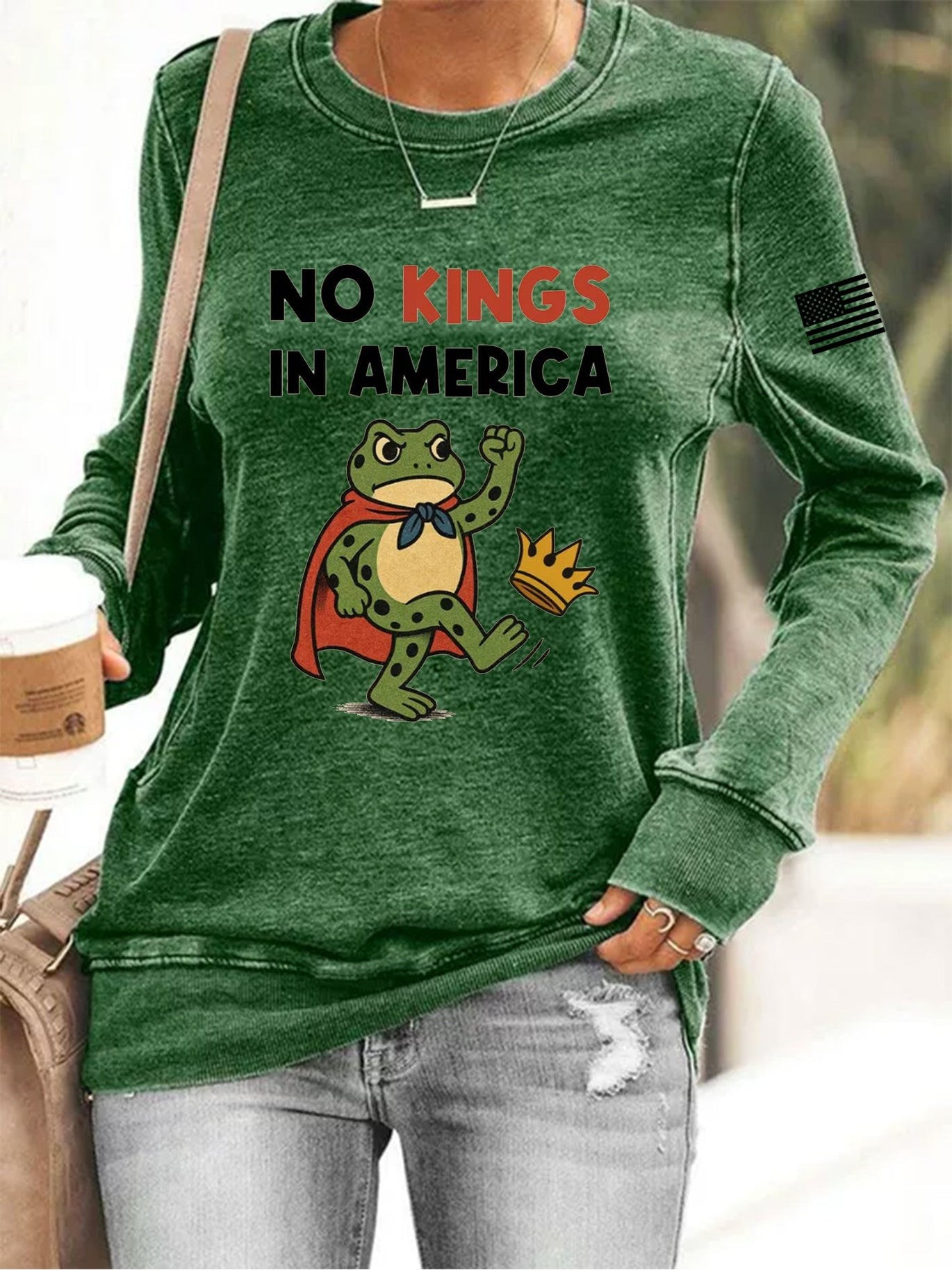 Frog No Kings In America Sweatshirt American Flag No Kings Clothing Gifts For Her
