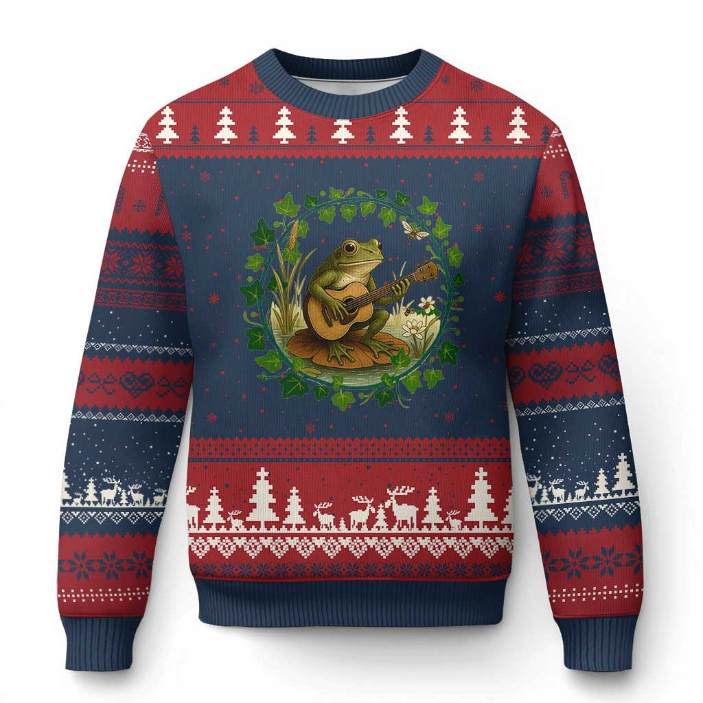 Frog Playing Guitar Ugly Christmas Sweater Music Lovers Xmas Frog Themed Gift