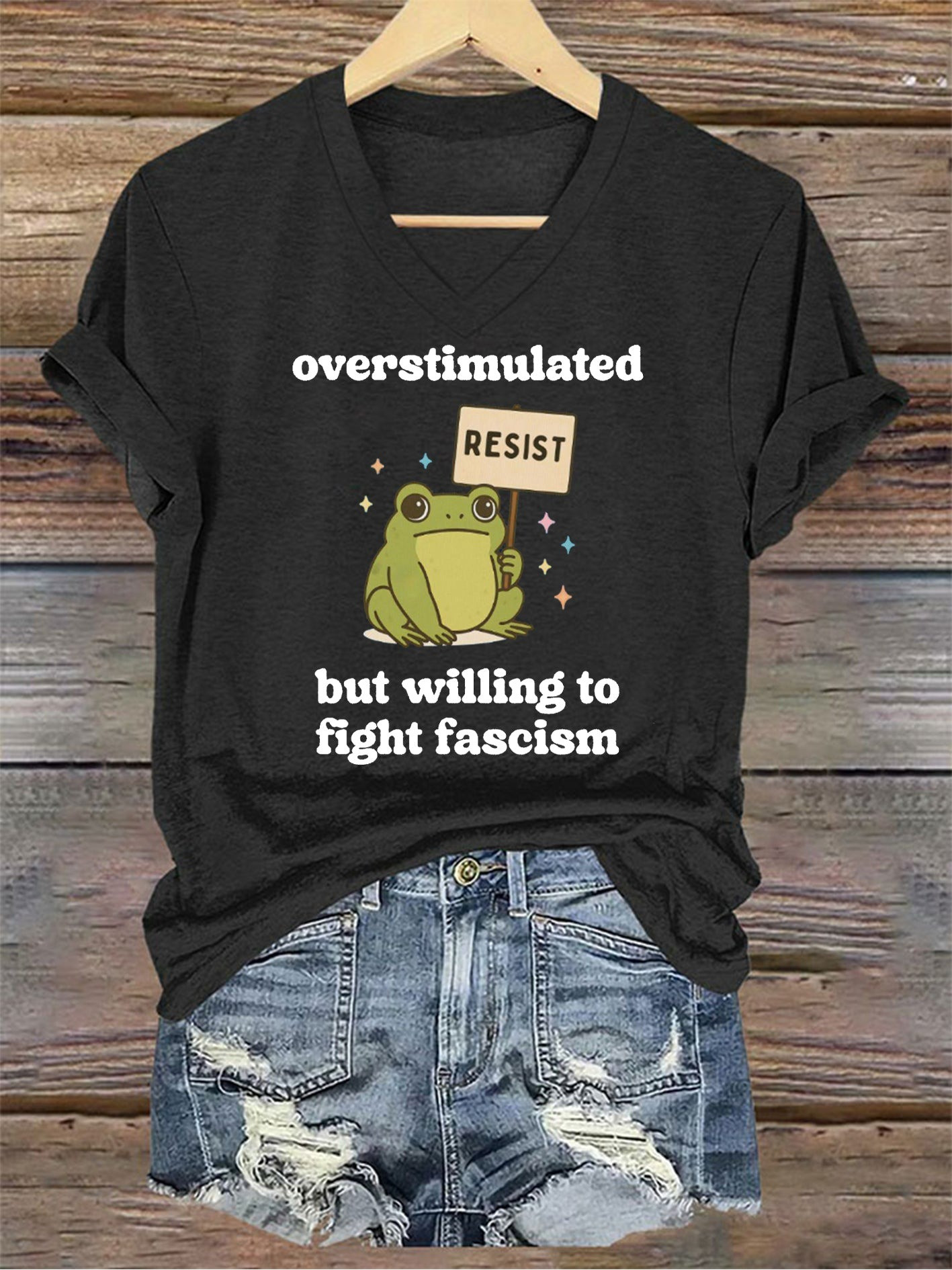 Frog Resist Overstimulated V-Neck Shirt No Kings Anti Fascism Activist Apparel Gift For Adults