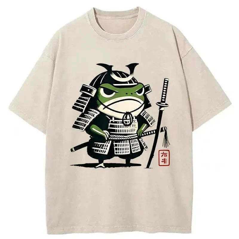 Frog Samurai Japan Washed T-Shirt Minimal Retro Graphic Clothing Gifts For Her
