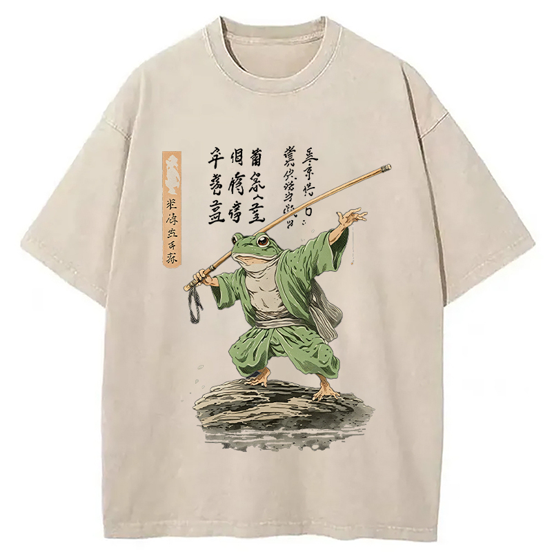 Frog Samurai Japanese Art Vintage Washed T-Shirt Retro Streetwear Graphic Top Gifts For Brother
