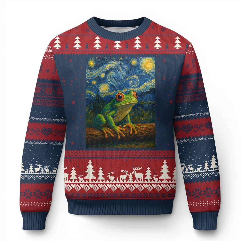Frog Van Gogh Style Starry Night Ugly Christmas Sweater Frog Themed Gift For Art Lovers