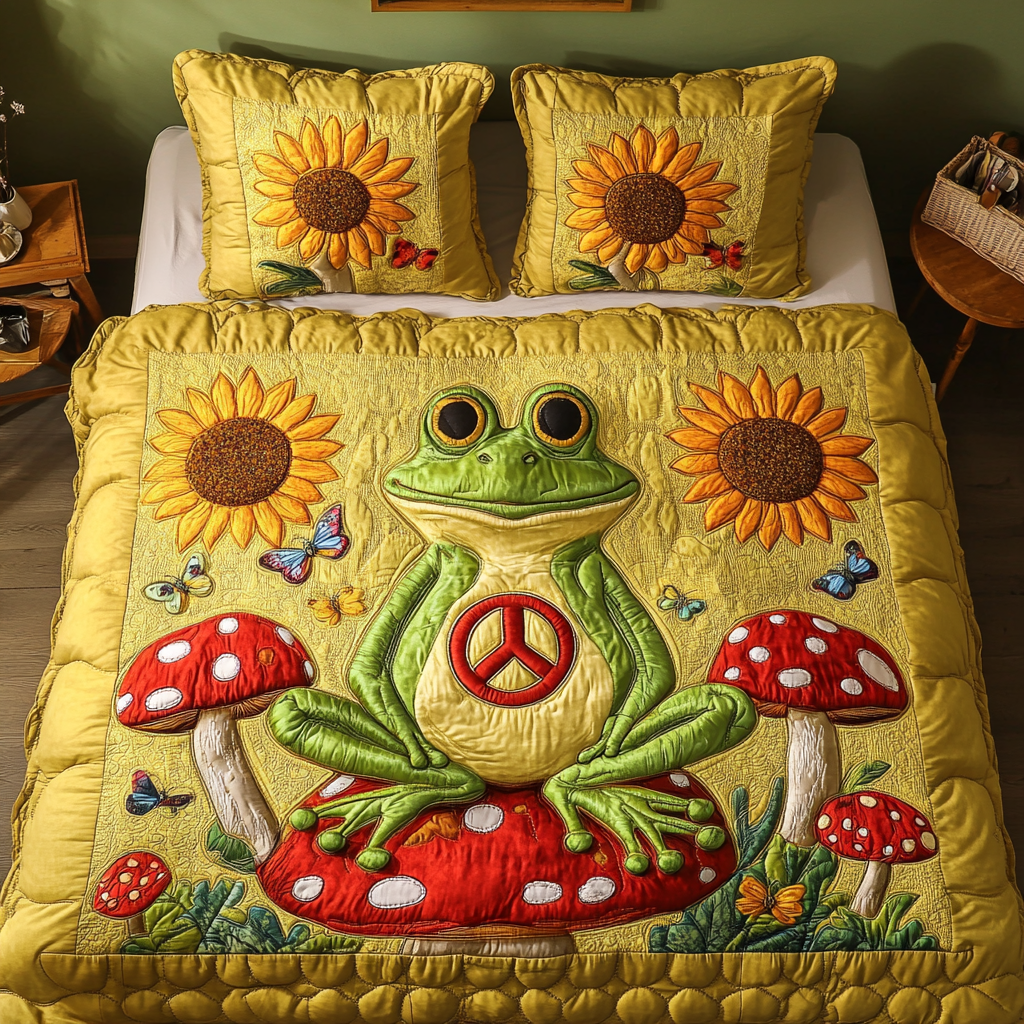 Frog Vibes Quilted Bedding Set Best Bed Sheet Set Gift For Frog Lover