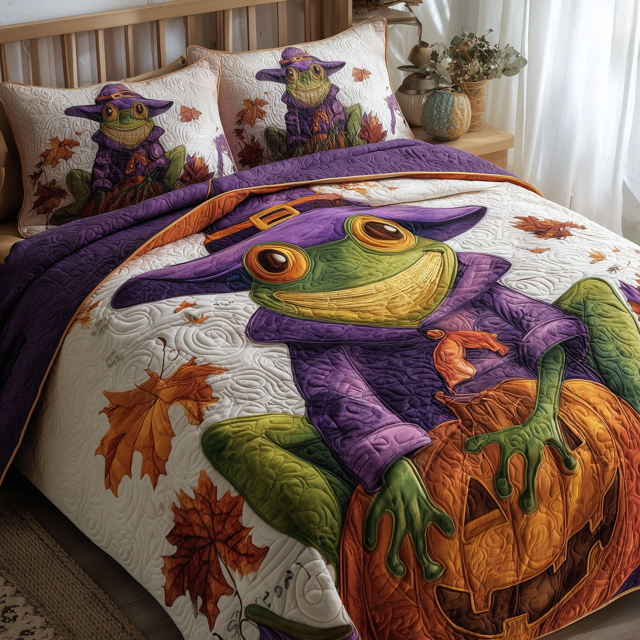 Frog Witch Halloween Quilted Bedding Set For Kids