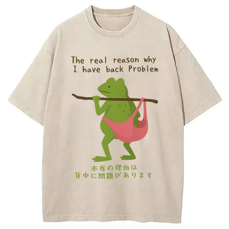 Frog With Back Problems Funny Kawaii Japanese Washed T-Shirt Classic Graphic Fashion Tee Gifts For Friends