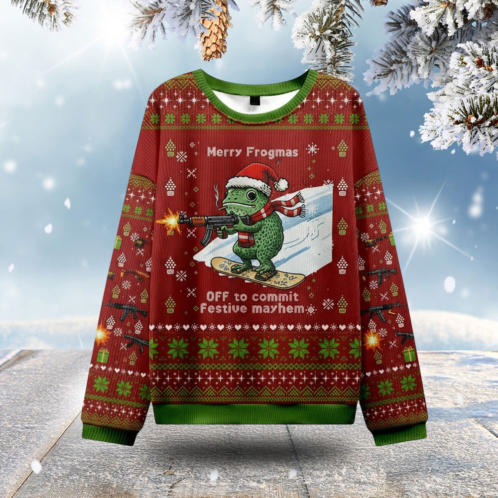 Frog With Gun Christmas Ugly Sweater Merry Frogmas Funny Christmas Outfits Xmas Gifts